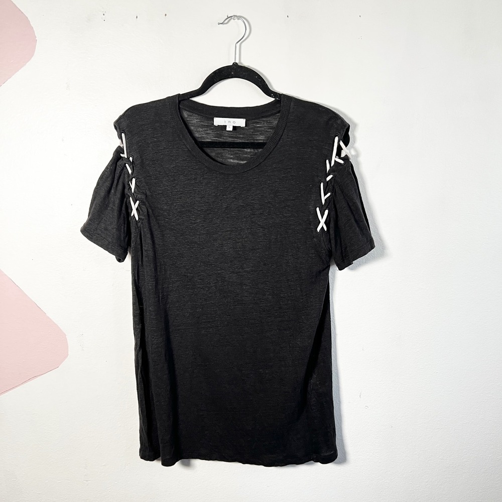 IRO Black Linen Top Sz Large Lace Up Shoulder Minimalist Vacation